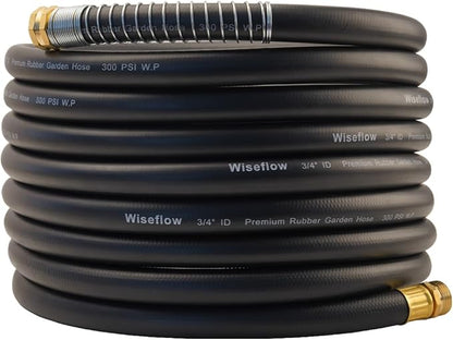WiseFlow Garden Hose 25FT x 3/4", Heavy Duty Rubber Hose, Water Hose with Five Layered Braiding, Male Female Fittings, 1000PSI Burst, 300PSI Working (Black)