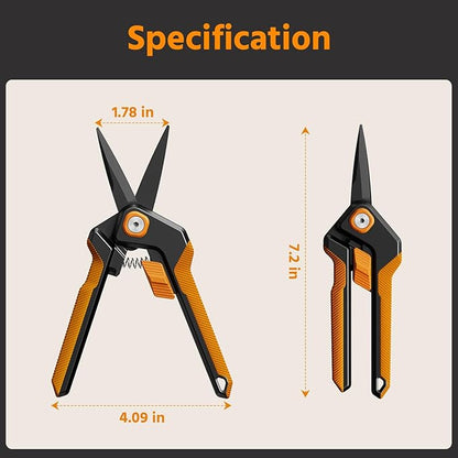 PrunePro Garden Scissors Pruning Shears Sharp Stainless Steel Non-Stick Teflon Coating Blade for Precise Cuts Garden Snip Bonsai Clippers for Plants Rose Flower Green & Orange