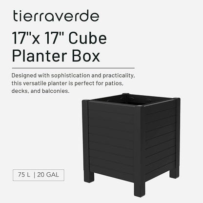 Tierra Verde 17-Inch x 17-Inch Flora Cube Planter Box with Tool-Free Connect System and Crafted from Recycled Materials, for Patios or Decks, Black