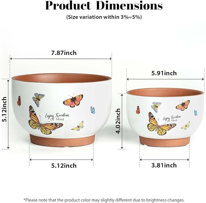 YBX 8 Inch + 6 Inch Terracotta Plant Pots, Flower Pots for Indoor Plants with Drainage, Planters with Butterfly Accent for Indoor Plants (Tropical)