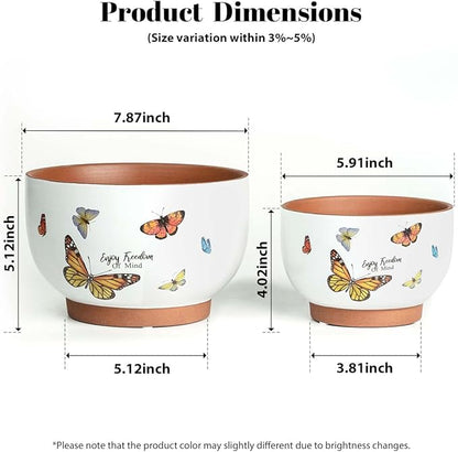 YBX 8 Inch + 6 Inch Terracotta Plant Pots, Flower Pots for Indoor Plants with Drainage, Planters with Butterfly Accent for Indoor Plants (Tropical)