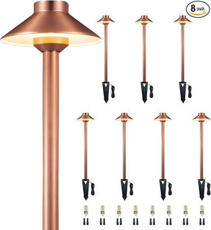 Gardenreet Brass Low Voltage Copper Garden Lights, Outdoor Pathway Light, 12V LED AC/DC Bronze Hat Top Path Lamp for Sideway House Walkway with 3W 270LM 4000K G4 Bulb 8 Pack