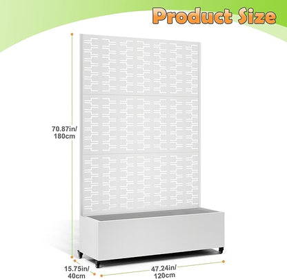 Metal Raised Garden Bed with Trellis, 2-in-1 Planter Box & Privacy Screen for Climbing Plants, Outdoor Standing Flower Bed with Drainage Holes, 47.2" L x 16.7" W x 70.8" H, White-Brick