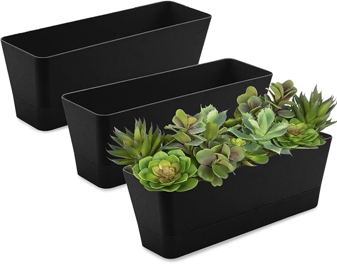 Lainrrew 3 Pack Window Box Planters, 12 Inches Rectangular Planter Plastic Flower Box Plant Pots Plant Containers with Tray for Balcony, Windowsill, Garden, Home Office Outdoor Decoration (Black)