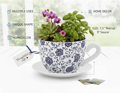 7.5" Ceramic Teacup Planter Pot with Saucer | Ideal for Succulents, Orchids, Herbs & Flowers | Indoor Use| Thoughtful Gift for Birthday, Gift Basket, Sympathy & More – White Blue Floral Teacup Planter