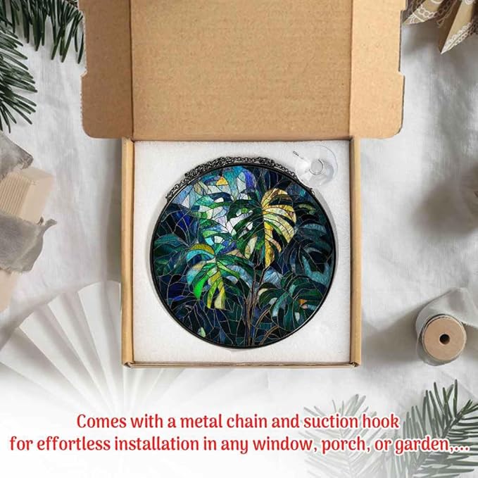 Stained Glass Monstera Ornaments Suncatcher - Monstera Decor Gifts for Women Men Botanical Lovers - Window Hanging Decorations for Home Wall Kitchen - Christmas Birthday Housewarming Gift