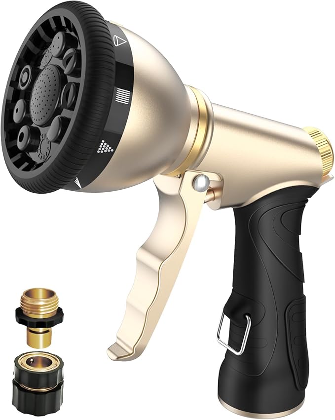 Heavy Duty Hose Nozzle, 9-IN-1 Spray Patterns, Spray Nozzles for Garden Hose with Metal Trigger & Lock Bar, 3/4" Thread & Connection Adapter, Suit for Watering Plants, Lawn, Car, Outdoor Pet