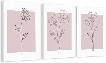 WRFON Pink Line Flower Canvas Wall Art, Light Pink Botanical Aesthetic Pictures, Minimalist Black Line Floral Poster Prints, Abstract Plants Wall Decor for Girls' Room Apartment Framed 12"x16"x3