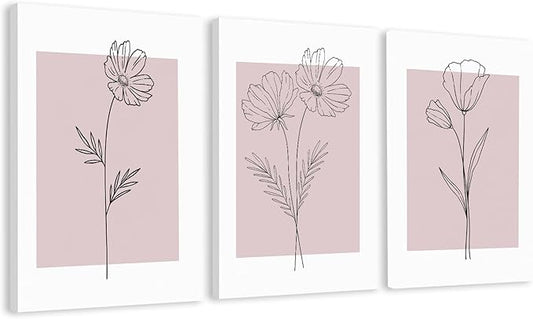WRFON Pink Line Flower Canvas Wall Art, Light Pink Botanical Aesthetic Pictures, Minimalist Black Line Floral Poster Prints, Abstract Plants Wall Decor for Girls' Room Apartment Framed 12"x16"x3