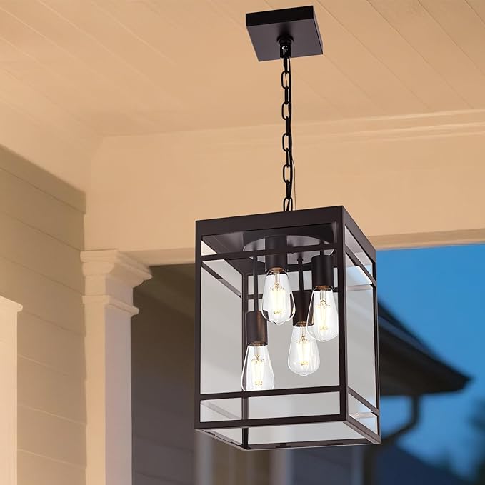 Large Outdoor Pendant Light for Porch, Oil Rubbed Bronze Outdoor Hanging Light Fixture with Clear Glass Shade, Exterior Linear Chandelier Hanging Lantern for Outside Patio,Front Door