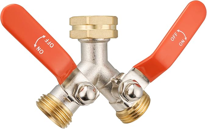 2 Way Hose Splitter, Brass High Flow Garden Hose Splitter Heavy Duty, Hose Connector, Water Spigot Splitter, Full Flow Faucet Splitter with shutoff, 3/4” GHT Inlet