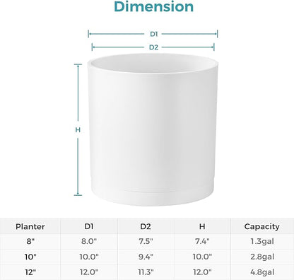 FaithLand 8-Inch Modern Cylinder Planter, Thick-Walled Plastic Plant Pot with Drainage Holes and Detachable Saucer, Matte White, Ideal for Indoor & Outdoor Plants Flowers