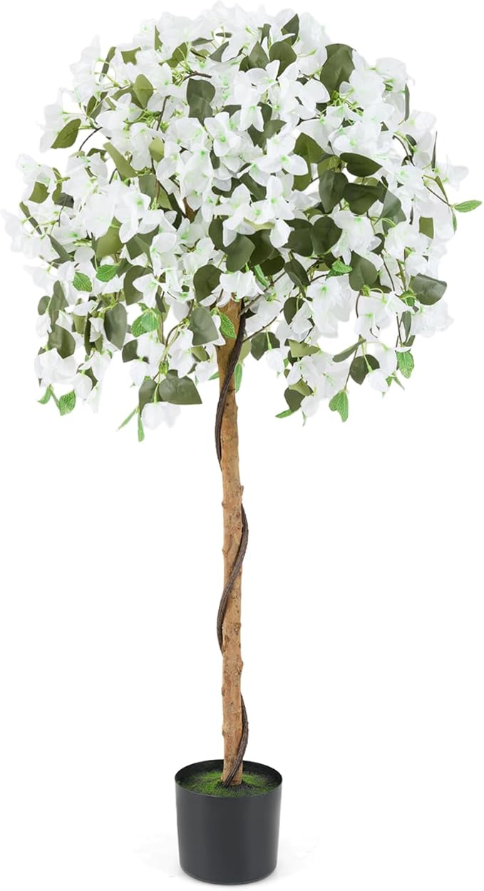 GOFLAME 53" Artificial Bougainvillea Tree, Faux Silk Flower Plant in Pot with 576 Flowers & 288 Leaves, Indoor Outdoor Fake Bougainvillea for Home, Office and Garden Decor, White