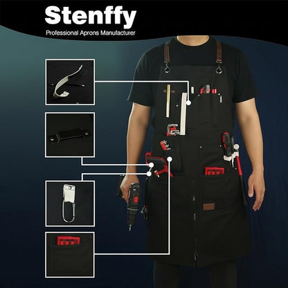 Woodworking Apron, Tool Apron, Canvas, Multiple Pockets, Adjustable Zipper, Metal Ring, Tape Measure Clip, Plus Size, Black.