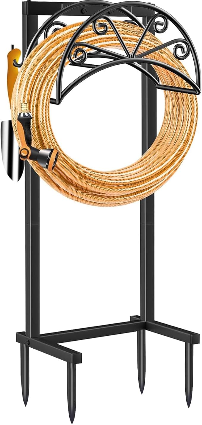 TomCare Garden Hose Holder Heavy Duty Water Hose Holder Holds 160 FT Hoses 4 Spikes Hose Reel with 2 Tool Hooks Freestanding Hose Hanger Sturdy Hose Storage Stand for Outside Yard Lawn, Black
