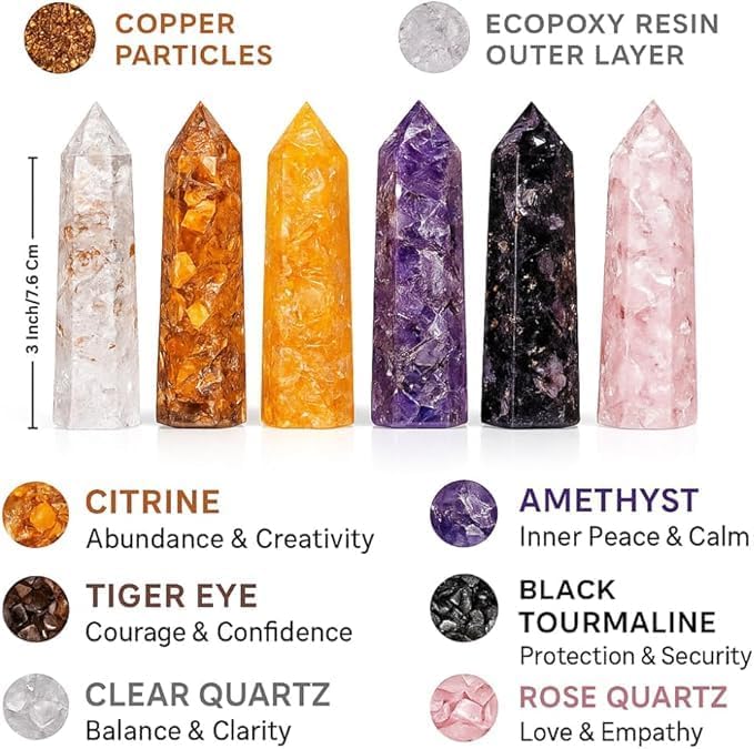 Healing Crystal Wand Set of 6 Orgonite 3.5 Inch Gemstone Towers – Amethyst, Rose Quartz, Citrine, Clear Quartz, Tiger Eye, Black Tourmaline Necklace ChristmasGift Set