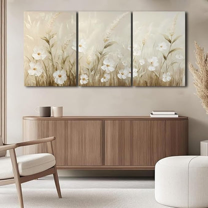 sawjug Wildflower Canvas Wall Art, Wildflower Wall Art, Neutral Pictures Wall Decor, Botanical Nature Artwork for Bedroom, Living Room (12" x 18" x 3 pcs)