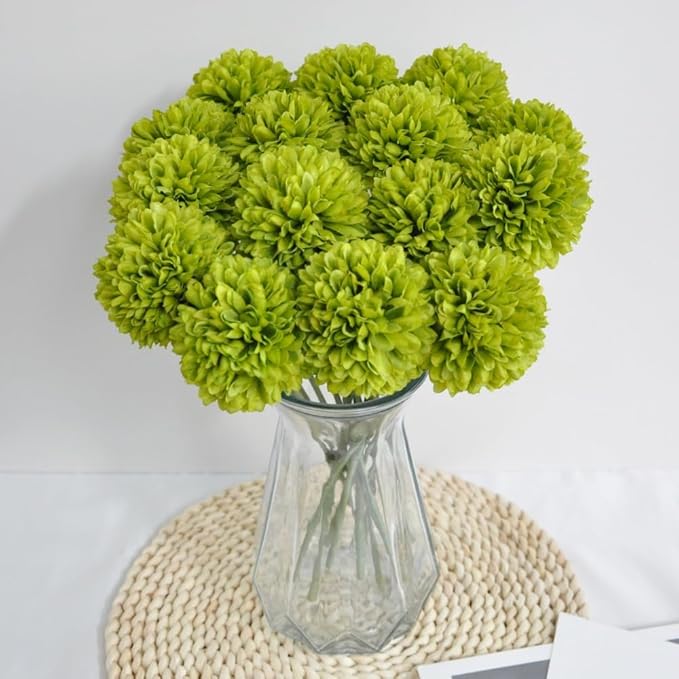 Artificial Flowers Chrysanthemum Ball Flowers Bouquet 10pcs Present for Important People Glorious Moral for Home Office Coffee House Parties and Wedding (Green)