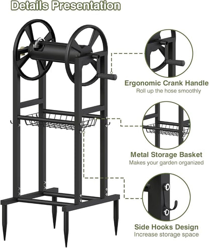 Freestanding Garden Hose Reel holds 125ft Hose of 5/8" with 4 Hooks, 4-Spike Outdoor Hose Holder with 3.9ft Leader Hose & Brass Fitting, Detachable Metal Hose Stand with Storage Rack, Black