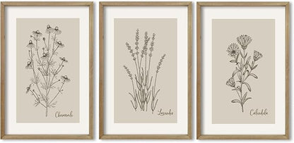 TQianJiang Vintage Botanical Wall Art 24"x16" Set Of 3 Wood Framed Wildflower Pictures Wall Decor for Bedroom Minimalist Wall Hanging (Wood)