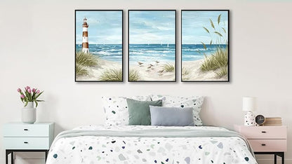 Large Framed Coastal Wall Art - Summer Beach Lanscape Wall Decor Painting 20"x28" Set of 3 Seabird Lighthouse Prints Ocean Waves Canvas Pictures for Living Room Bedroom Office Artwork