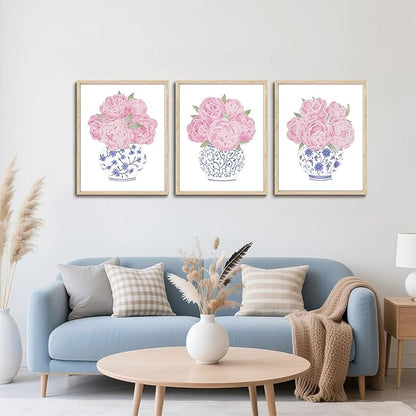 CHMMART 3 Piece Pink Floral Framed Wall Art Blue and White Chinoiserie Flower Canvas Art Prints Peony Pictures Wall Decor Painting Artwork for Living Room Bedroom Bathroom 16x20in