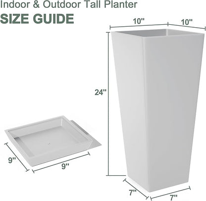 Set of 2 Tall Planters for Outdoor Plants with Drainage Tray, 24" Large Flower Pots for Front Porch Decor, Patio, Garden (White 24")