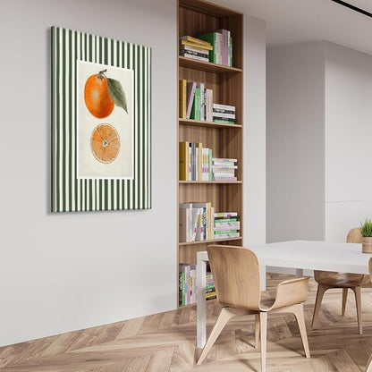 Vintage Green Striped Orange Fruit Canvas Wall Art Modern Farmhouse Botanical Kitchen Food Prints Posters Minimalist Colorful Aesthetic Pictures Boho Decor for Bedroom Restaurant 20x30inch Framed