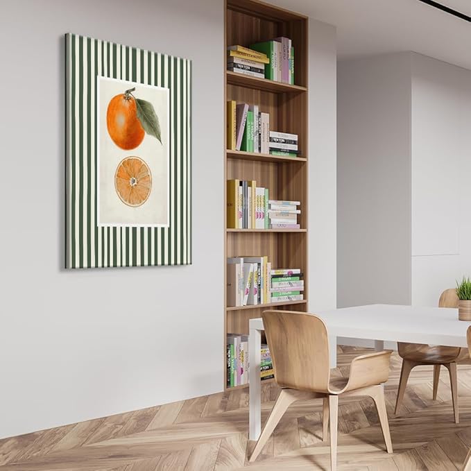 Vintage Green Striped Orange Fruit Canvas Wall Art Modern Farmhouse Botanical Kitchen Food Prints Posters Minimalist Colorful Aesthetic Pictures Boho Decor for Bedroom Restaurant 16x24inch Framed