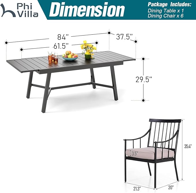 PHI VILLA 7 Pieces Outdoor Dining Set for 6, 84" Long Expandable Metal Table & Heavy-Duty Wrought Iron Chairs with Cushions, Large Furniture Set for Patio, Deck, Yard, Porch - Black
