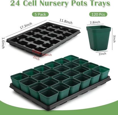 2.8 inch (7CM) Square Nursery Pots 120pcs (Green) and 24 Cell Nursery Pots Trays 5 Pack, Plastic Seedling Starter Tray with Drain Holes for Carrying and Holding Plant Pot(17"x11"x1.6")