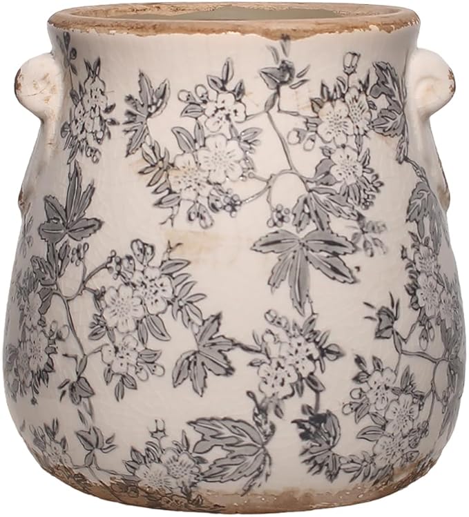 Planters for Indoor Plants, Vintage Ceramic Pots for Plant, Rustic Tuscan Vase & Decor, Plant Pots w/Drainage, 6.68in. Flower Pot & Ceramic vase, Grandma Gifts, Home Decor, Rustic Grey