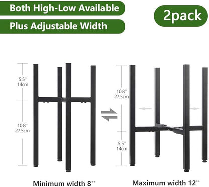 YueTong 2 Pack Metal Plant Stand Indoor with Adjustable Width Fits 8 to 12 Inch Pots,Mid-Century Flower Holder for Corner Display-Black(Planter and Pot Not Included).