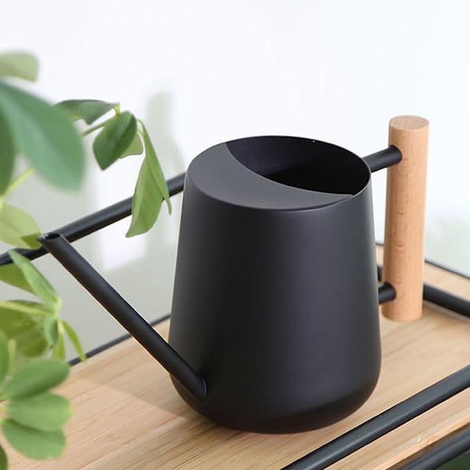 1L/33.8oz Wood Handle Long Spout Watering Can Stainless Steel Plant Watering Pot Garden Green Plant Flower Watering Kettle for Indoor Outdoor Plants Garden Flower (Black)
