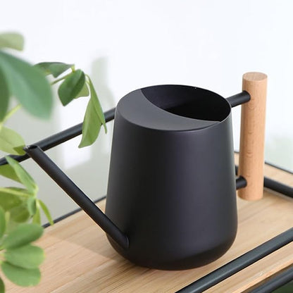 1L/33.8oz Wood Handle Long Spout Watering Can Stainless Steel Plant Watering Pot Garden Green Plant Flower Watering Kettle for Indoor Outdoor Plants Garden Flower (Black)