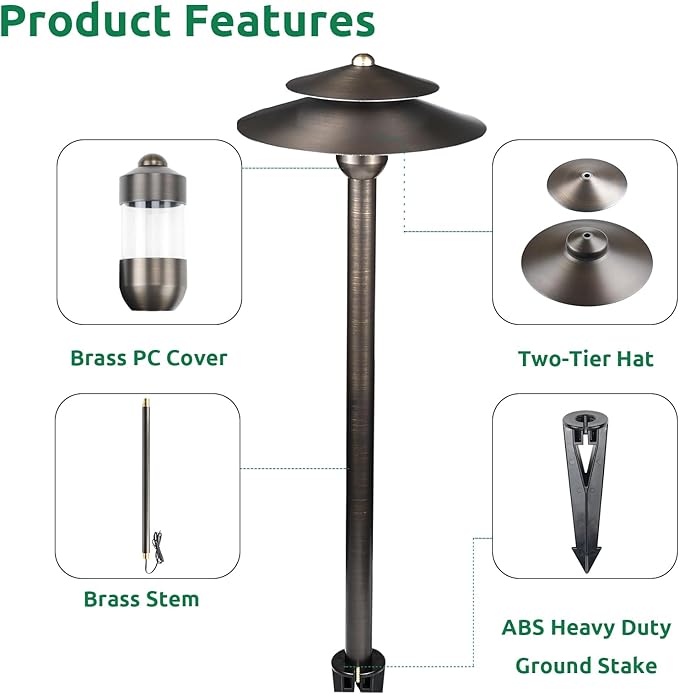 DOSHINE® Solid Brass Low Voltage Landscape Lighting Pathway Lights (8.25" Shade, 22" Tall) with Replaceable 3W G4 LED Bulb 3000K AC/DC 12V and Ground Stake for Outdoor Walkway Driveway (DOU, 4-Pack)