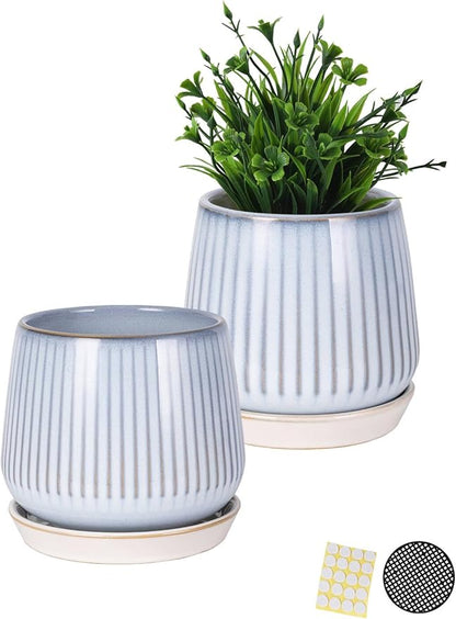 TAMAYKIM 5.5 Inch Ceramic Plant Pots with Drainage Holes and Saucers, Flower Planter with Tray for Indoor/Outdoor Planting, Succulent, Cactus & Herbs, Blue, Set of 2