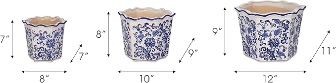 Home Decor Flower Pots and Planters – Intricate Pots with Floral Pattern for Indoor and Outdoor Plants - Vintage Plant Pots Great for Garden, Patio, or Room Decor Set of 3 – 9", 8", 7" Blue & White