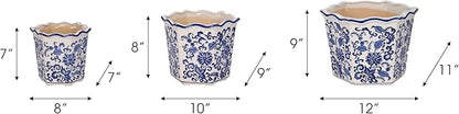 Home Decor Flower Pots and Planters – Intricate Pots with Floral Pattern for Indoor and Outdoor Plants - Vintage Plant Pots Great for Garden, Patio, or Room Decor Set of 3 – 9", 8", 7" Blue & White