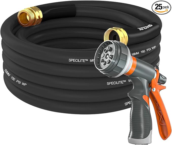 SPECILITE Garden Water Hose 25 ft x 5/8 in Heavy Duty, Flexible and Lightweight, Burst 600 psi, Kink-less Hybrid Rubber Pipe for Backyard, 3/4'' Brass Fittings, Black