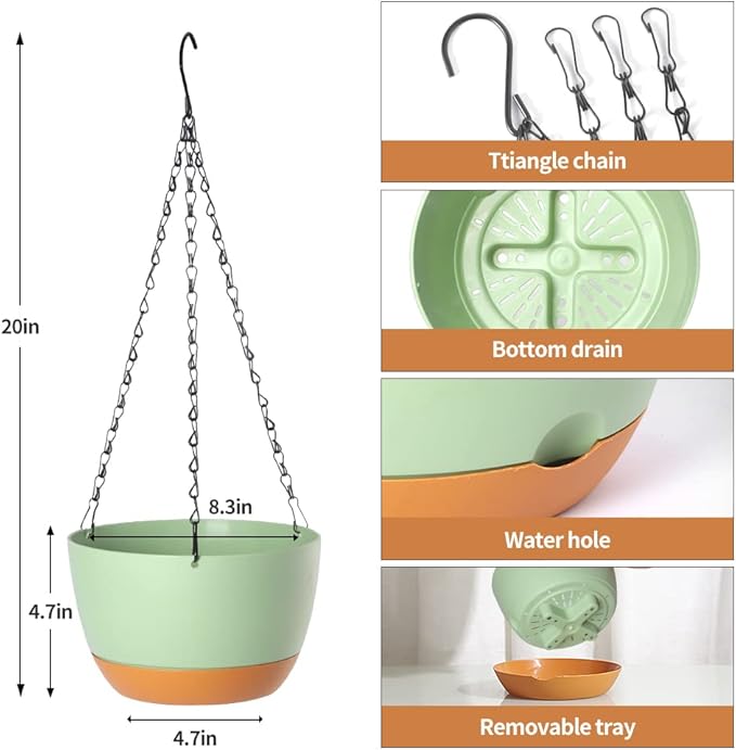 Lookat Set of 3 Self-Watering Hanging Pots for Plants Outdoor Indoor, Hanging Planters with Drainage Hole (8.3inch Green（3 Pieces）)
