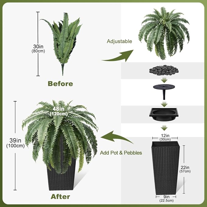 48" Boston Ferns Artificial Outdoor Plants - 39 Fronds UV Resistant Faux Greenery with Taper Planter- Realistic Fake Bushes Front Porch Decor for Garden, Patio, Indoors - Set of 1, VN153