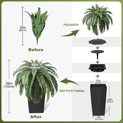 48" Boston Ferns Artificial Outdoor Plants - 39 Fronds UV Resistant Faux Greenery with Taper Planter- Realistic Fake Bushes Front Porch Decor for Garden, Patio, Indoors - Set of 1, VN153