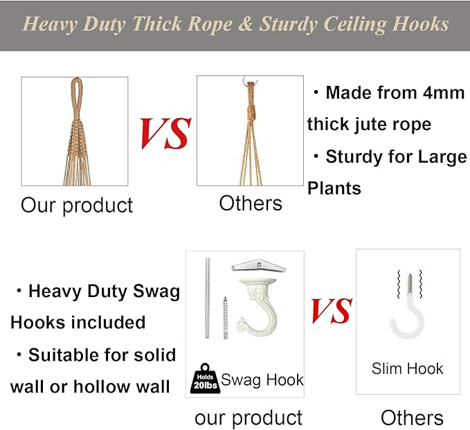 43 Inch Macrame Plant Hanger Large for up to 12 Inch Pot Extra Long Hanging Plant Holder No Tassels Jute Hanging Planter Basket for Indoor Outdoor Boho Decor, Brown 2 Pack