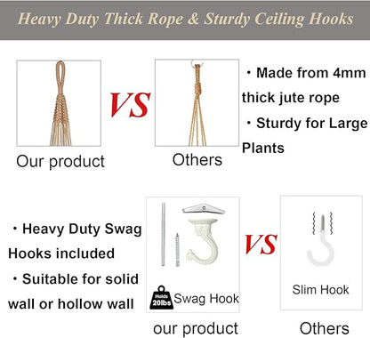 43 Inch Macrame Plant Hanger Large for up to 12 Inch Pot Extra Long Hanging Plant Holder No Tassels Jute Hanging Planter Basket for Indoor Outdoor Boho Decor, Brown 2 Pack