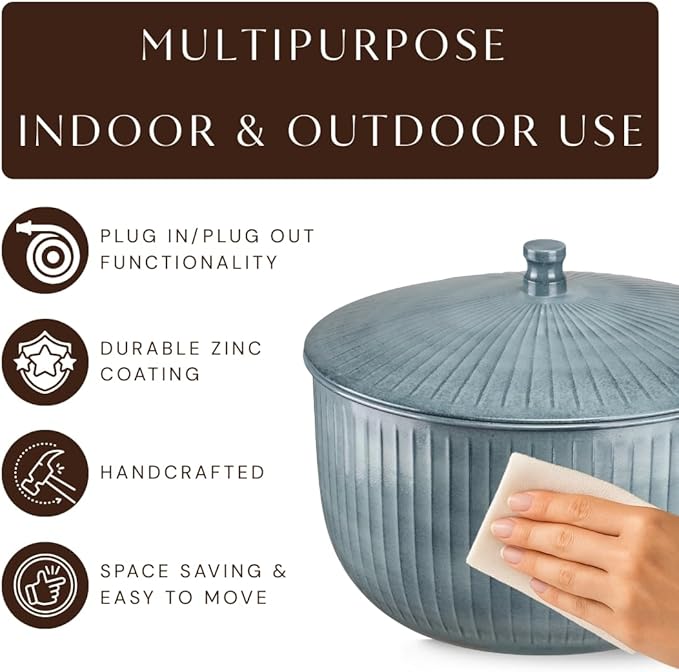 Monarch Abode Garden Hose Holder with Lid – Decorative Water Hose Holders for Outside, Ridge Embossed Metal Patina Pot with Drainage, 100ft Waterhose Holder for Outside, Garden Storage Caddy