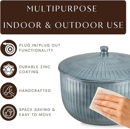 Monarch Abode Garden Hose Holder with Lid – Decorative Water Hose Holders for Outside, Ridge Embossed Metal Patina Pot with Drainage, 100ft Waterhose Holder for Outside, Garden Storage Caddy