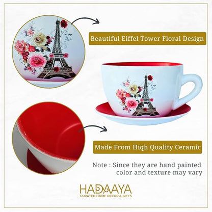 7.5" Ceramic Teacup Planter Pot with Saucer | Ideal for Succulents, Orchids, Herbs & Flowers | Indoor & Outdoor Use for Wedding & Home Decor & More - RED - Paris Eiffel Tower