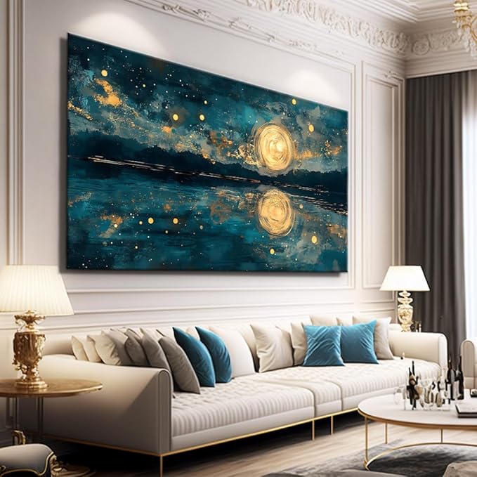 Moon Sea Ocean and Stars Canvas Wall Art -Moonrise at Sea Night Landscape Scene Printing, Blue & Gold Abstract Nature Artwork for Living Room, Bedroom & Coastal Home Décor, Ready to Hang 60L" x 30W"