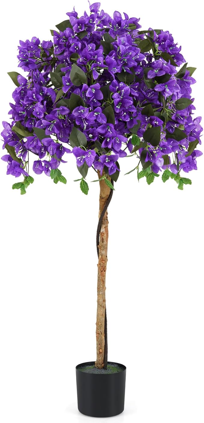 GOFLAME 53" Artificial Bougainvillea Tree, Faux Silk Flower Plant in Pot with 576 Flowers & 288 Leaves, Indoor Outdoor Fake Bougainvillea for Home, Office and Garden Decor, Purple